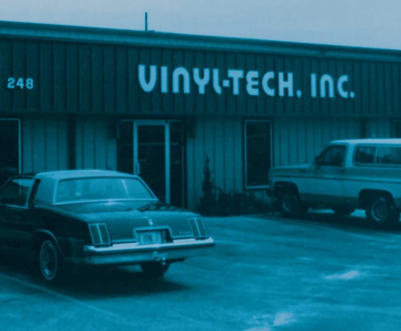 A photo of the vinyl tech, inc building from the early 1980s.