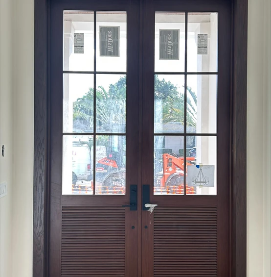 FD450 Mahogany French Doors – Divided Glass with Louvered Panels