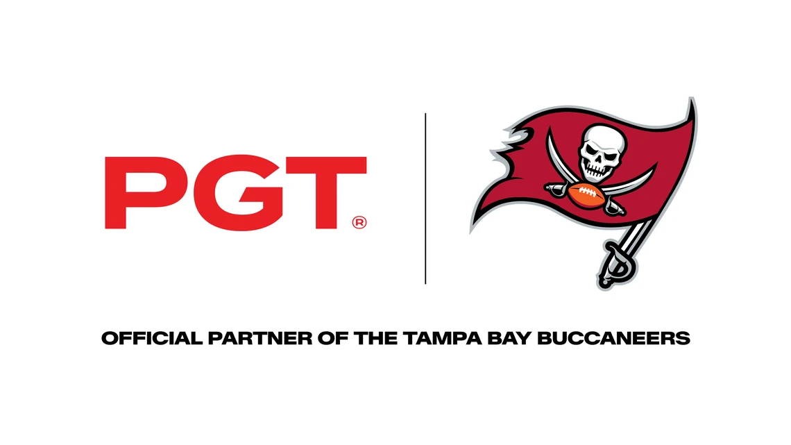 PGT is an official partner of the Tampa Bay Buccaneers. The PGT logo is left of the Tampa Bay Logo