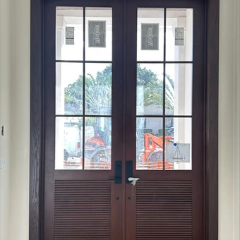 FD450 Mahogany French Doors – Divided Glass with Louvered Panels