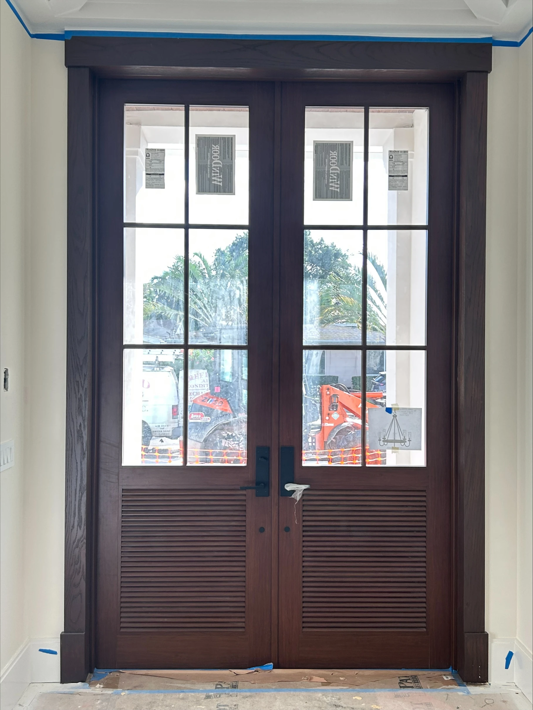 FD450 Mahogany French Doors – Divided Glass with Louvered Panels