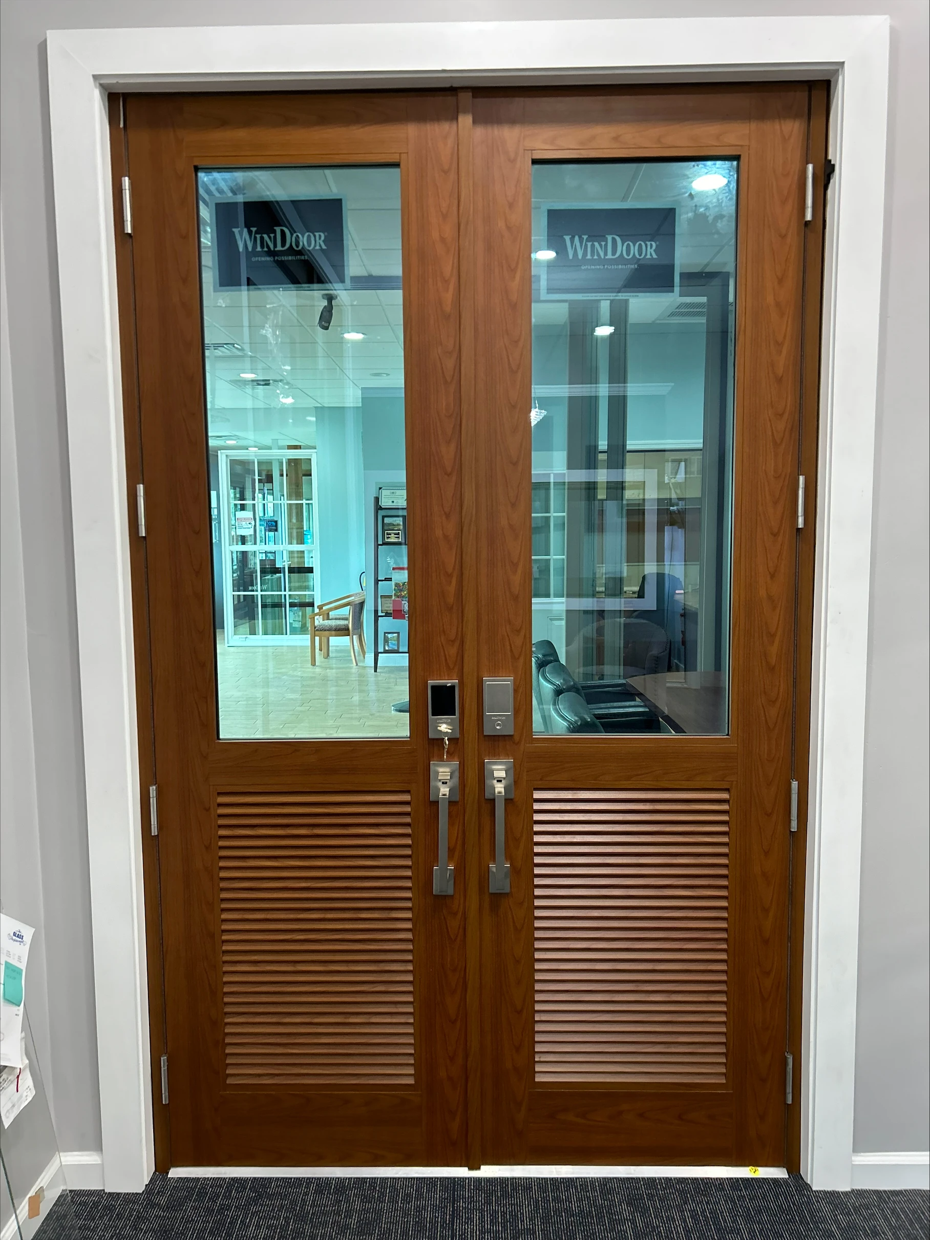 FD450 French Doors – Light Wood with Louvered Panels