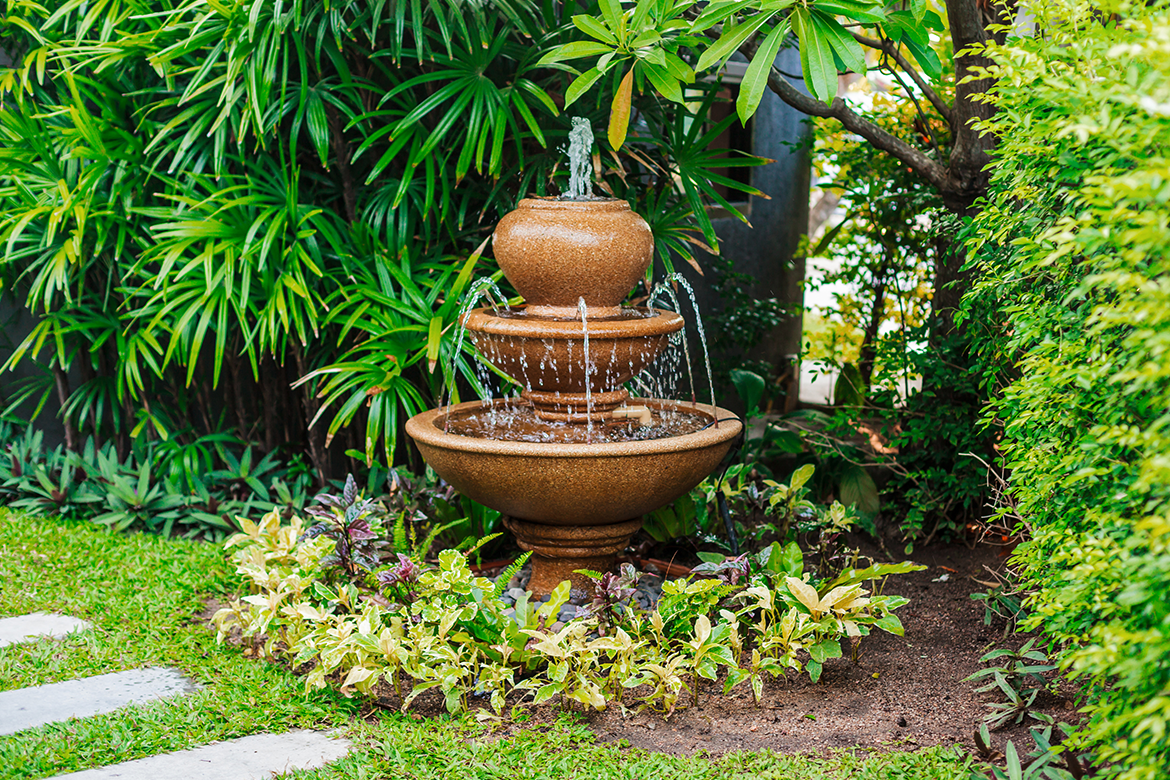 An outdoor garden water fountain