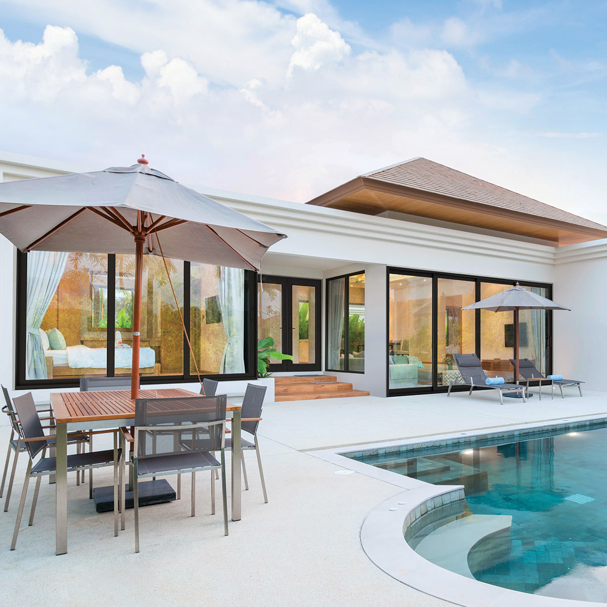 Coastal home with all-black window frames