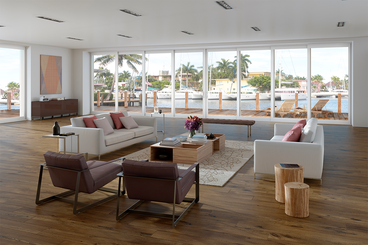 A 40-foot vinyl sliding glass door in an upscale coastal home.