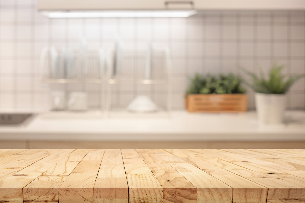 Wooden butcher's block countertop in an earth-friendly home