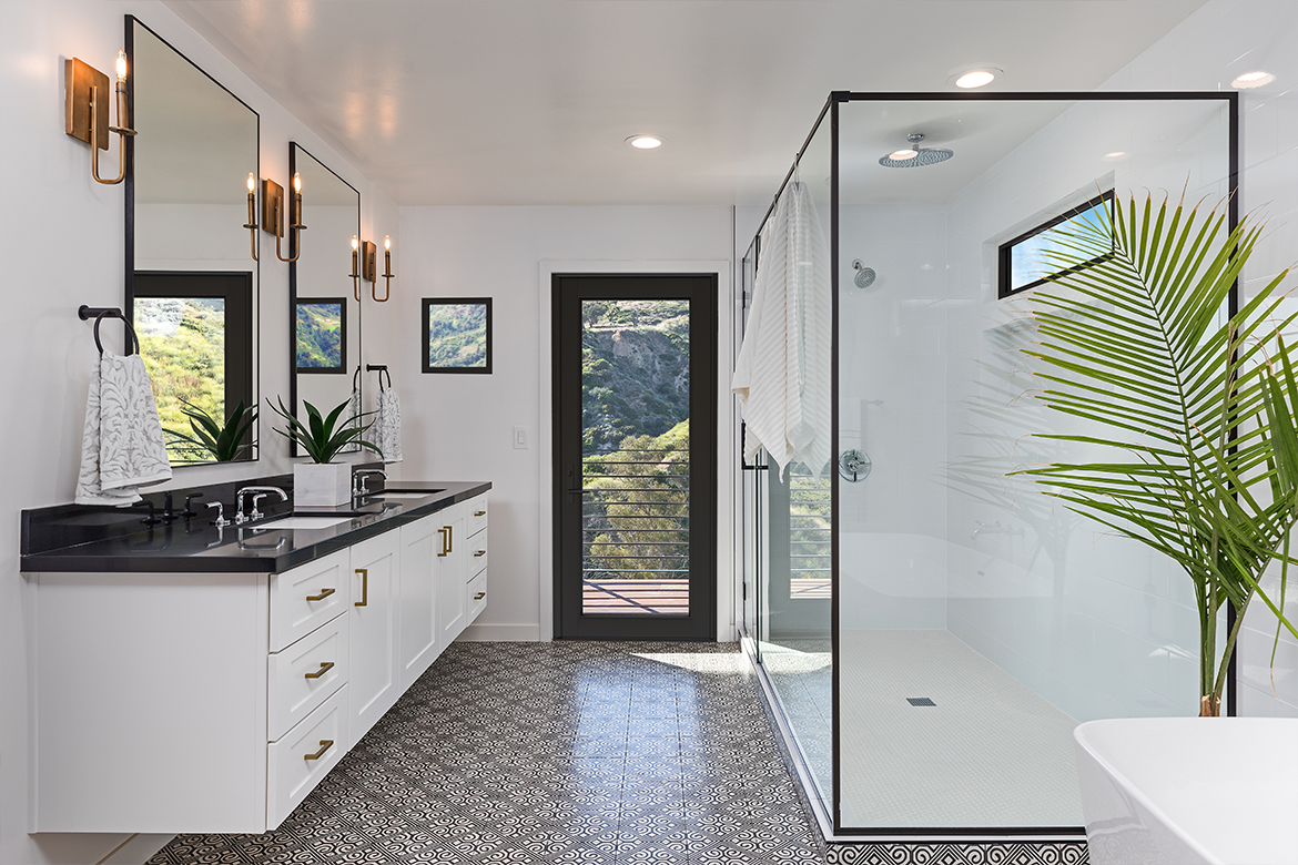 Upgraded bathroom with stylish windows and door